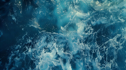 Powerful and turbulent ocean waves with foam and depth close-up view from above