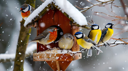 : titmice in a birdhouse close-up against the background of a winter forest, winter banner with bokeh and snowflakes