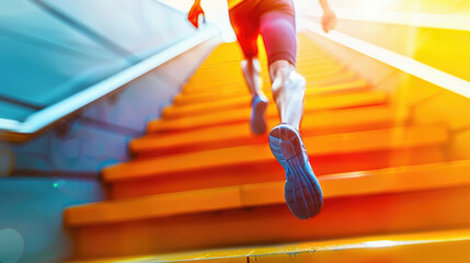 A close-up of a runners foot as they ascend a bright orange staircase on a sunny day