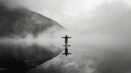 lone figure standing at the edge of a mist-covered lake, their arms outstretched to the sky in a gesture of surrender. The stillness of the water mirrors the calmness of the figure's demeanor