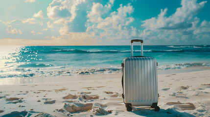 summer banner with place for text, gray suitcase on the sand against the backdrop of the sea with copy space