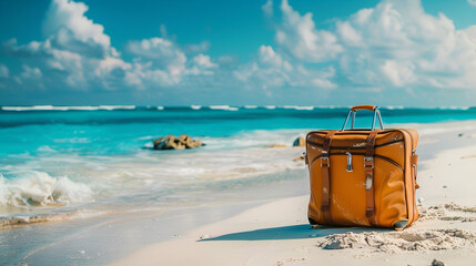 summer banner with place for text, vintage suitcase on the sand on the background of the sea with copy space