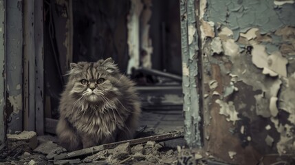 A chilling image of the Persian cat lurking in the shadows of an abandoned building, its dilapidated form barely visible amidst the rubble and debris. Its eyes gleam with a feral intensity as it waits