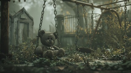 A chilling depiction showcases a derelict playground overtaken by weeds and ivy, the swings creaking eerily in the wind. In the center, a forgotten teddy bear lies abandoned