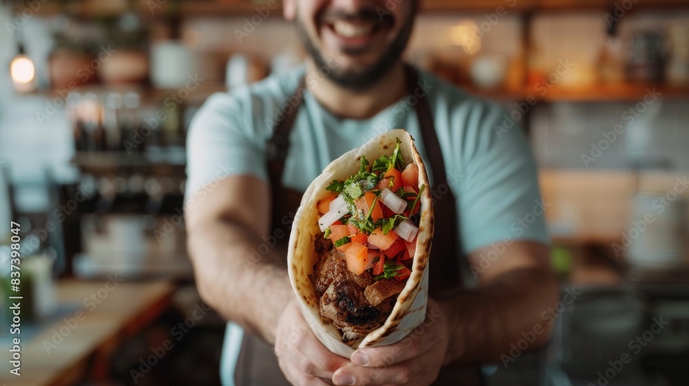 Poster A man holding a burrito with vegetables and meat inside, AI