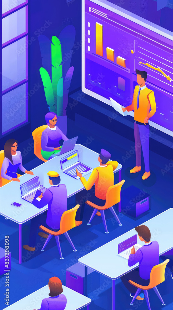 Poster an illustration depicting a business meeting where a presenter discusses data on a large screen whil
