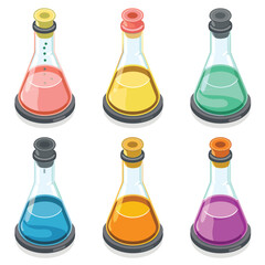 Six colorful cartoonstyle potion bottles filled various liquids, corked tops. Glass bottles contain red, yellow, green, blue, orange, purple potions, laboratory magical theme. Isolated white