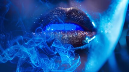A close-up of a woman's lips exhaling a cloud of shimmering vapor illuminated by blue LED lights. The vapor takes on the shape of the argon atom, creating a mesmerizing and seductive visual effect.