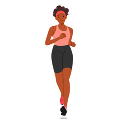 Fit Young African American Woman Jogging Front View. Female Character Wear Pink Tank Top, Black Shorts And Running Shoes