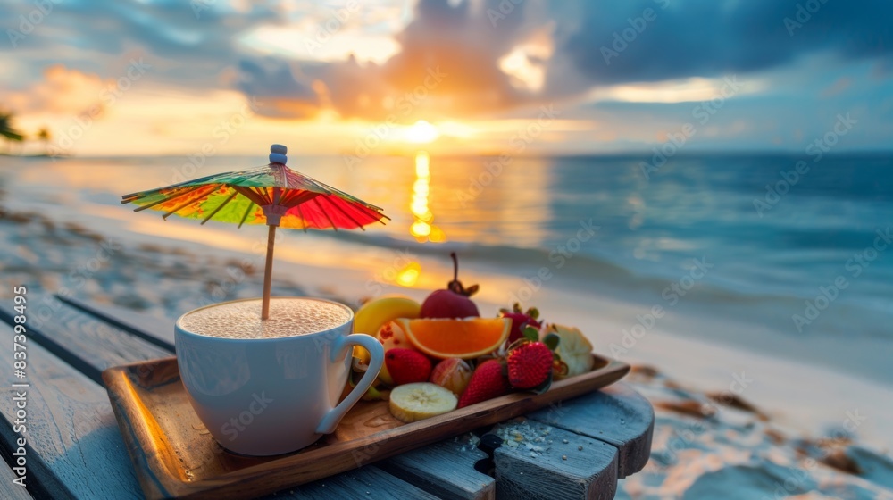 Canvas Prints A cup of coffee on a tray with fruit and an umbrella, AI