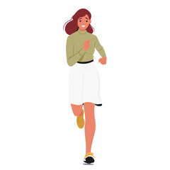 Young Female Character With A Joyful Expression, Jogging Front View. Cartoon Woman Dressed In Green Top And White Skirt
