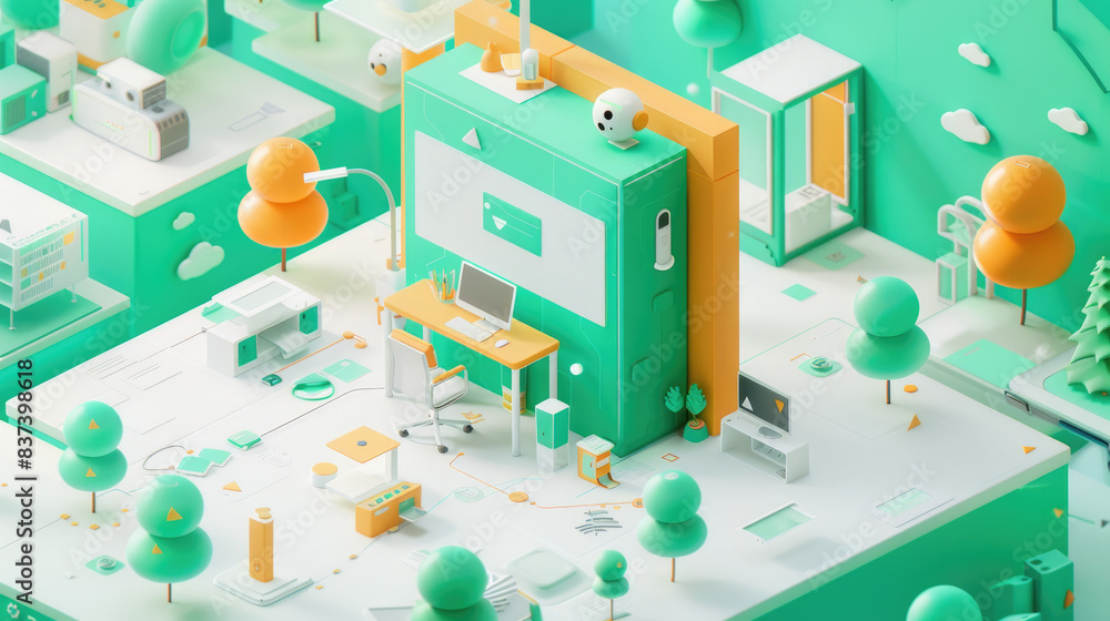 Poster A 3D rendering of a minimalist office space with green and orange accents. The image features a desk with a computer, chair, and lamp, surrounded by small trees and buildings
