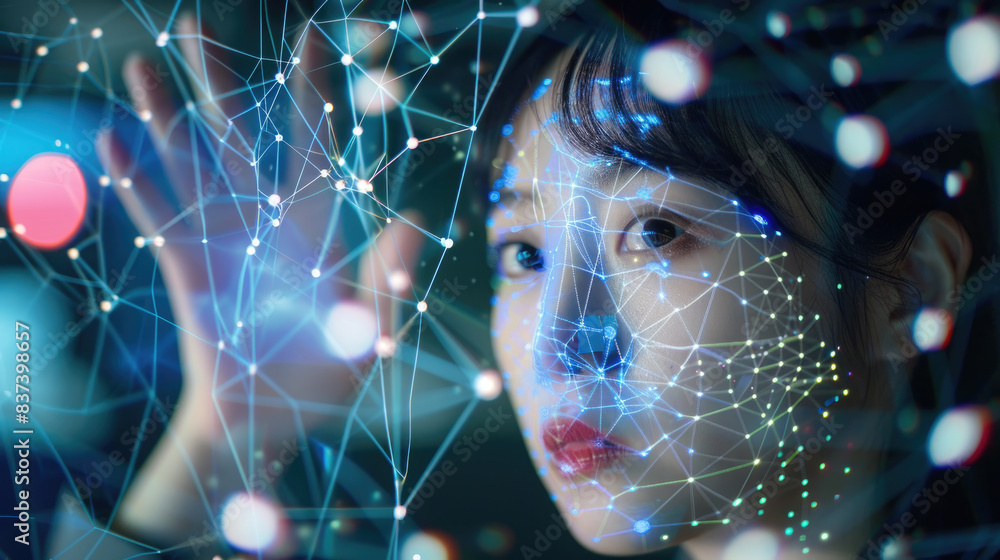 Poster a womans face is overlaid with a luminous digital network of lines and points, representing the inte