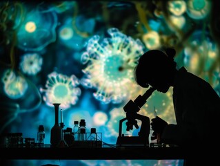 Fototapeta premium silhouette of a marine biologist studying a phytoplankton bloom under a microscope. The scientist's focused expression reflects the curiosity and wonder inspired by the microscopic world. 