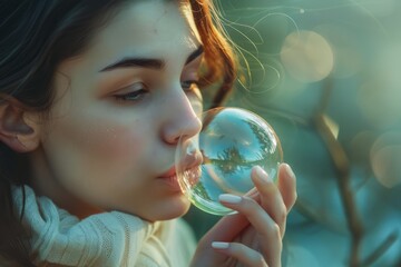 Naklejka premium woman blowing a bubble with bubblegum, her expression contemplative as she gazes into the distance. The ethereal bubble reflects the surrounding environment, distorting the world