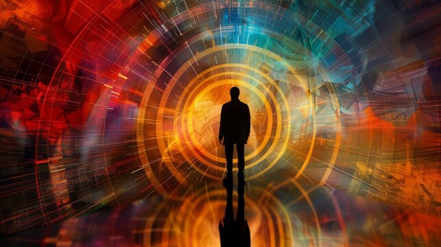 silhouette of a scientist against a backdrop of synchrotron radiation beams converging towards a focal point. The juxtaposition of the human figure against the vast expanse of scientific exploration