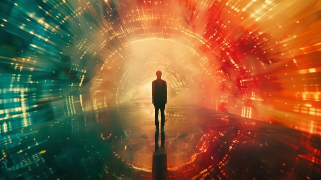 silhouette of a scientist against a backdrop of synchrotron radiation beams converging towards a focal point. The juxtaposition of the human figure against the vast expanse of scientific exploration