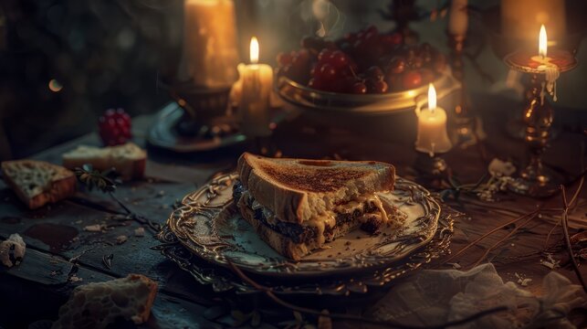 half-eaten sandwich on a vintage plate, surrounded by flickering candlelight. The composition exudes an intoxicating blend of decadence and decay, with sumptuous colors and intricate details drawing t