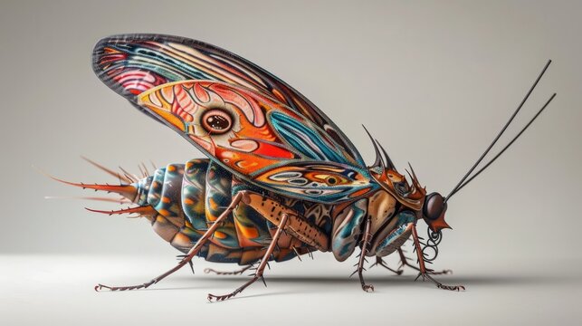 A conceptual photo manipulation depicting a squished cockroach transformed into a delicate butterfly, its wings adorned with intricate patterns and vibrant colors. The juxtaposition of life and death,