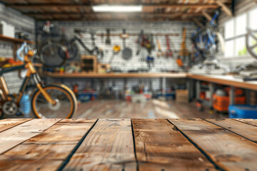 A wooden workbench in a cluttered workshop filled with bicycles and various tools, creating a busy and industrious atmosphere