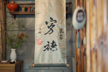 calligraphy on a silk scroll, featuring Chinese characters written in a flowing, elegant style. The silk has a soft, natural sheen, and the calligraphy is perfectly balanced and harmonious. 