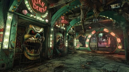 A decrepit carnival at midnight, its once vibrant colors now faded and peeling. Distorted funhouse mirrors reflect grotesque versions of visitors, their faces twisted into expressions of terror.