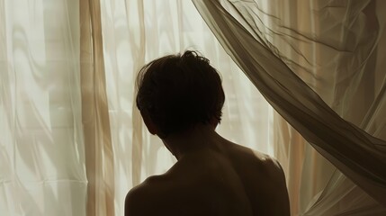 bare back of a lover, the light highlighting the smooth curves and subtle details of their skin. The room is bathed in the soft glow of twilight, with sheer curtains fluttering gently in the breeze.