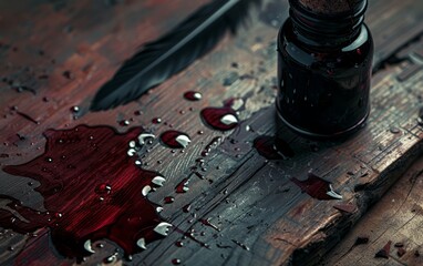 inkwell filled with dark red ink, and a quill pen resting beside it. The ink, resembling blood, has dripped onto the wooden desk, creating small pools and stains.