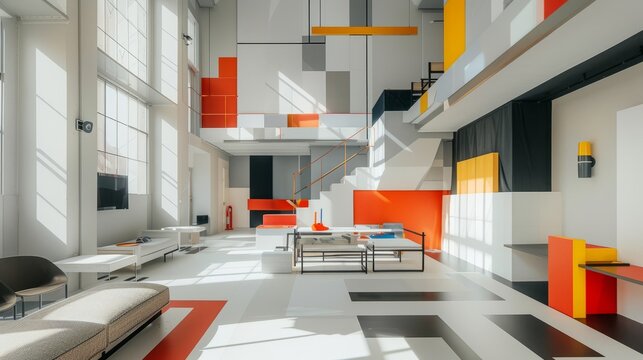 A De Stijl-inspired interior characterized by an open floor plan, minimal furnishings, and a monochromatic color scheme. Walls, floors, and ceilings are painted in shades of white, gray, and blacck
