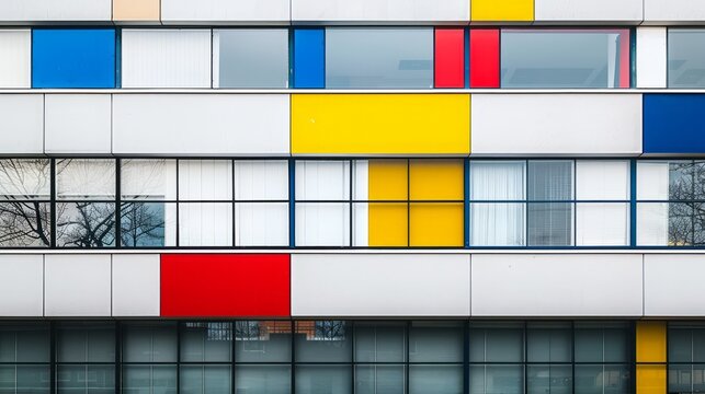 A De Stijl-inspired building characterized by clean lines, geometric shapes, and a primary color palette. The facade features a grid pattern of vertical and horizontal elements, with bold red, blue