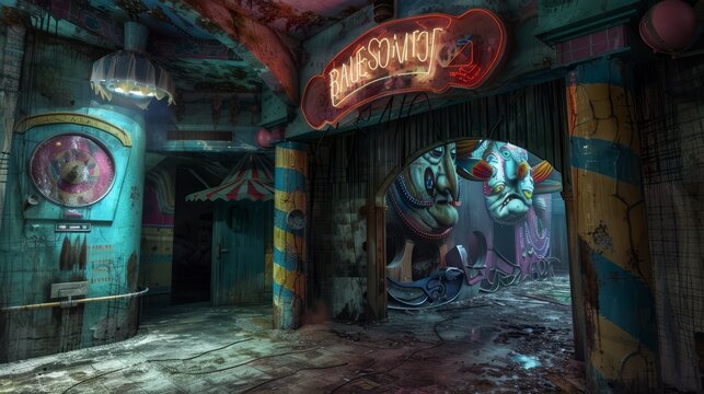 A decrepit carnival at midnight, its once vibrant colors now faded and peeling. Distorted funhouse mirrors reflect grotesque versions of visitors, their faces twisted into expressions of terror.