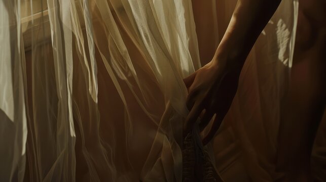 bare back of a lover, the light highlighting the smooth curves and subtle details of their skin. The room is bathed in the soft glow of twilight, with sheer curtains fluttering gently in the breeze.