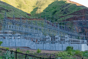 Power distribution transformers at Brownlee Dam in Hells Canyon, Idaho, USA