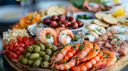 A platter of seafood and olives on a wooden board, AI