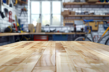 A clean wooden workbench in a well-organized workshop with tools and equipment neatly arranged on shelves and walls