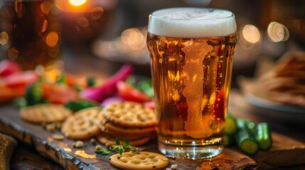 A glass of beer and crackers on a wooden tray, AI