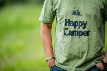 Naklejka premium Happy Camper Shirt on Person in Green Outdoors