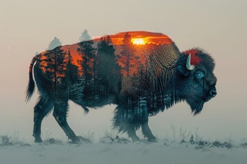 bison on a white background double exposure overlay with mountain landscape and forest