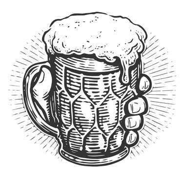 recommend clip art: Glass mug of foamy beer in hand. Pub, brewery emblem. Vector illustration drawn in sketchy vintage style