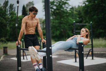 Couple performing an outdoor calisthenics workout together in a park. The image depicts fitness,...