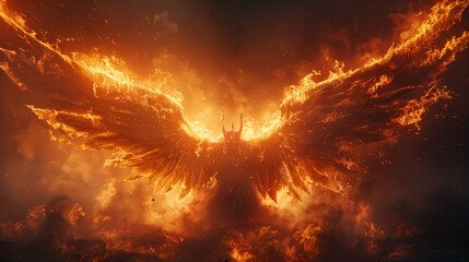 ethereal angel of fire, vengeance and fury depicted in a dramatic blaze