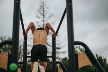 A fit man doing an outdoor workout on parallel bars, showcasing strength and fitness.