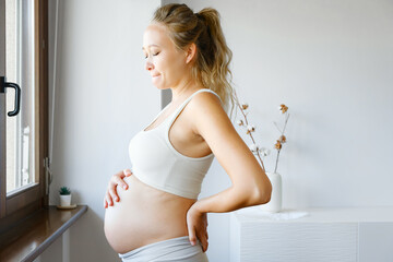 Pregnant Female Fatigued At Home. Stress And Tireness During Pregnancy. Backache And Cramp.