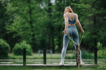 Woman performing exercises with a resistance band on a wooden pier by a calm lake. Fitness, outdoor...