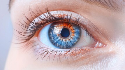 A close up shot of a blue eye with long eyelashes