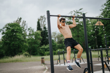 Shirtless young man performing pull-ups on metal parallel bars in an outdoor park setting, showcasing fitness and strength.