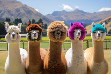  funny alpacas with different hair colours in front of the mountains and green pastures. A photorealistic photograph