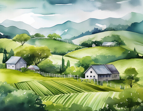 watercolor countryside landscape background green farm fields houses mountains
