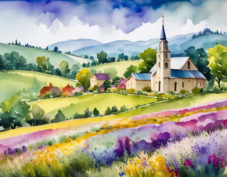 watercolor countryside town illustration picturesque landscape church and fields background	

