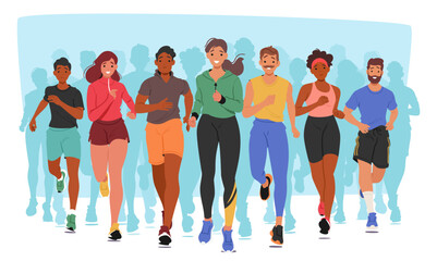 Diverse Characters Jogging Happily Front View. Concept Of Fitness, Health, And The Joy Of Sharing Physical Activities